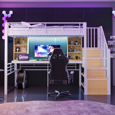 VVBV Ruimtebesparende Hoogslaper 90x200 cm met Trap/Ladder, Planken - Bureau, LED-Verlichting, Opbergruimte - Metaal Wit