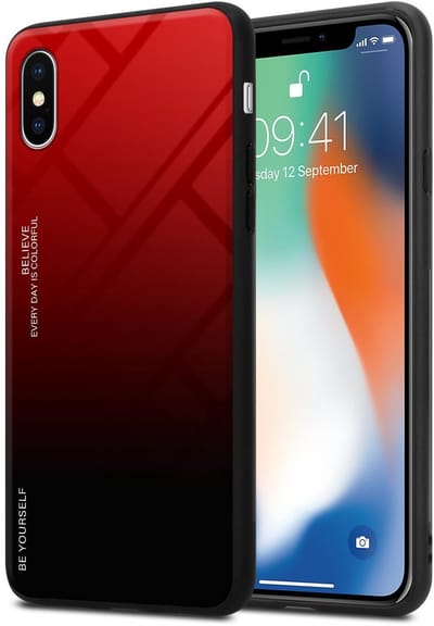 Cadorabo Hoesje geschikt voor Apple iPhone X / XS in ROOD - ZWART - Tweekleurige beschermhoes van TPU-silicone Case Cover en achterzijde van gehard glas