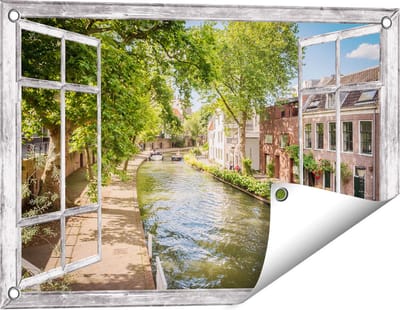 Gards Tuinposter Doorkijk Oudegracht in Utrecht - 60x40 cm - Tuindoek - Tuindecoratie - Wanddecoratie buiten - Tuinschilderij