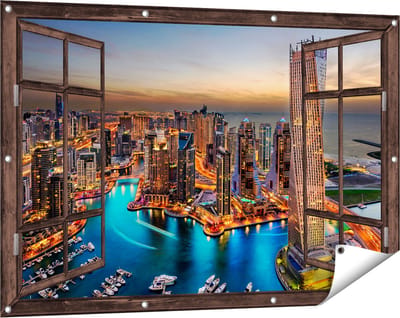 Gards Tuinposter Doorkijk Dubai Haven met de Stad - 120x80 cm - Tuindoek - Tuindecoratie - Wanddecoratie buiten - Tuinschilderij