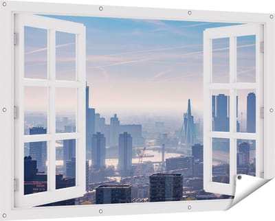 Gards Tuinposter Doorkijk Rotterdamse Skyline - 150x100 cm - Tuindoek - Tuindecoratie - Wanddecoratie buiten - Tuinschilderij