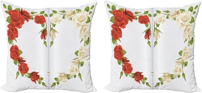 ABAKUHAUS Decoratieve kussenhoes met rozenmotief, set van 2, hartvormig boeket, romantisch, 45x45 cm, rood, wit, groen