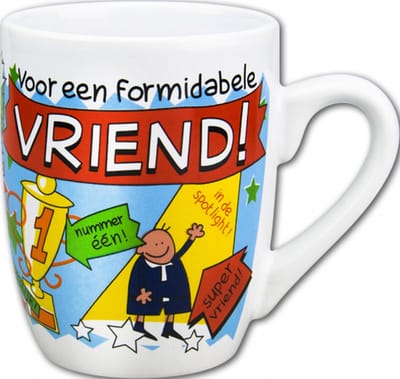 Mok - Snoep - Voor een formidabele vriend - Cartoon - In cadeauverpakking met gekleurd krullint
