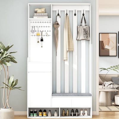 DESMIU Garderobekast - 6 In 1 Halmeubel Met Zitbank En Prikbord - Voor Entree En Gang - MDF - 100x35x180 Cm - Wit