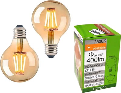 TrangoSet van 2 LED E27 3-traps dimbaar E27005*2 warm wit goudkleurig 2500 Kelvin 4 watt 400 lumen, G80 Ø8cm Filament Edison Gloeilamp, Amber Vintage Gloeilamp, Retro Verlichting Globe Bulb