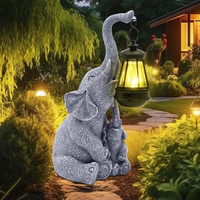 ByShane - Zonne-aangedreven olifant standbeeld met LED-lantaarn, weerbestendige tuindecoratie - Olifant moeder en puppy cadeau-idee voor vrouwen, moeder, verjaardag, kerst voor terras, balkon, binnenplaats.