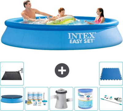 Intex Rond Opblaasbaar Easy Set Zwembad - 305 x 61 cm - Blauw - Inclusief Afdekzeil - Onderhoudspakket - Zwembadfilterpomp - Filter - Stofzuiger - Solar Mat - Vloertegels - 8-delig