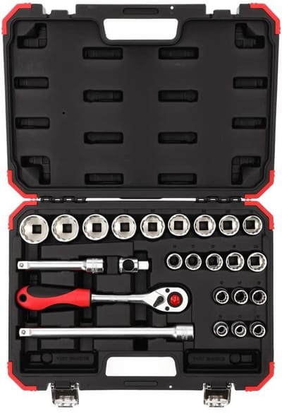 Dopsleutelset 24-delig - Gereedschapset Ratel - Onderhoud en Klussen - Fijn getande 2K ratel - 1/2 inch - Rood