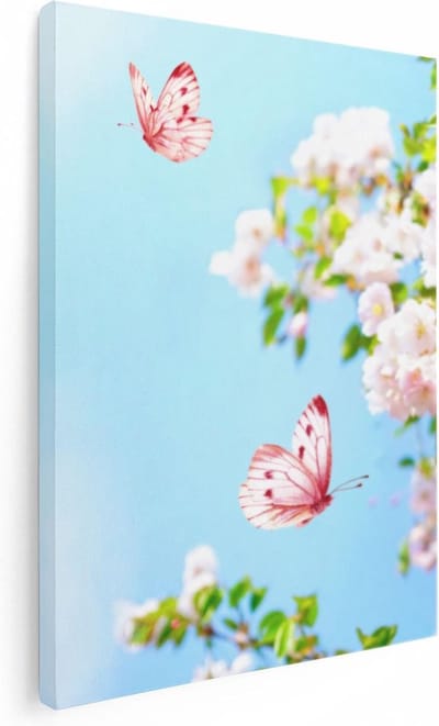Artaza Canvas Schilderij Bloesem Met Vlinders - 30x40 cm - Klein - Wanddecoratie Woonkamer - Muurdecoratie Bloemen - Kamer Accessoires