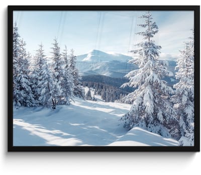Poster in lijst - Fotolijst 70x50 cm - Posters - Winterlandschap - Natuur - Berg - Bomen - Sneeuw - Posterlijst zwart - Decoratie - Wanddecoratie woonkamer - Muurdecoratie slaapkamer