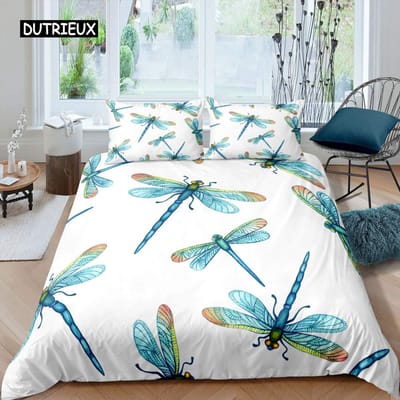 Libelle Dekbedovertrek Set Kingsize Kleurrijke Vleugel Beddengoed Set voor Kinderen Tieners Volwassenen Bos Wilde Dieren Thema 2/3 stuks Dekbedovertrek AU Single(140x210cm)