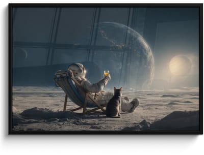 Poster in lijst - Fotolijst 120x80 cm - Posters - Maan - Kat - Astronaut - Ruimte - Posterlijst zwart - Decoratie - Wanddecoratie woonkamer - Muurdecoratie slaapkamer
