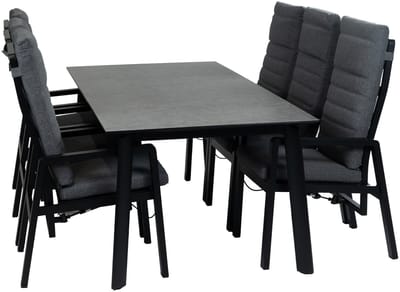 7-delige tuinset | 6 verstelbare Berlijn tuinstoelen (Black) | Tuintafel Malta 220x100cm (Black)