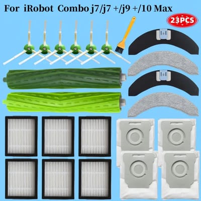 PolkaHome® 23-delige vervangingsset geschikt voor iRobot Roomba Combo J7+/J9+/10 Max – 2 hoofdborstels, 6 zijborstels, 6 HEPA-filters, 4 stofzuigerzakken, 4 dweilpads, 1 borstel – accessoires & onderdelen