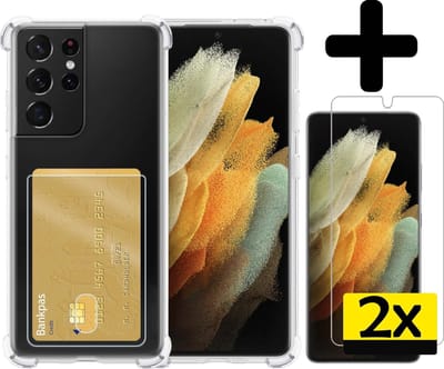 Hoesje - Geschikt voor Samsung Galaxy S21 Ultra - Met 2x Screenprotector - Pashouder - Kaarthouder - Telefoon Hoes Shockproof - Siliconen Case - Back Cover - Shock Proof - Pasjes Houder - Telefoonhoesjes - Transparant