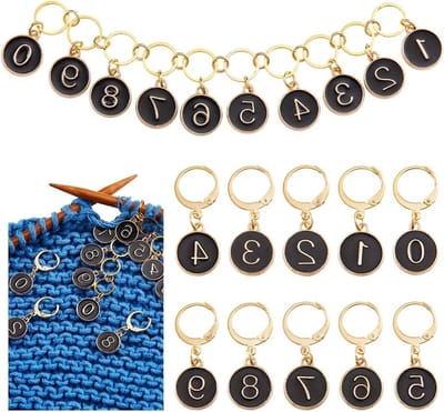 0-9 Nummer Brei Rij Teller Kettingen en 10 Stuks Steekmarkeerders, Metaal Emaille Steekmarkeerders voor Breien, Weven en Sieraden Maken, Zwart