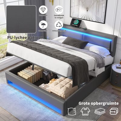 MIVRAY Gestoffeerd Bed 140x200cm - Met USB Aansluitingen en Draadloos Laden - Met LED Verlichting en Opbergruimte - Zonder Matras - PU - Grijs