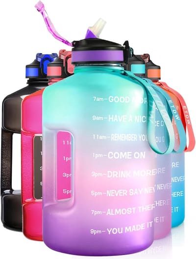 SnelShoppen - 3.78 Litre Drinkfles met Rietjes en Handvat, Lekvrij Waterfles met Tijdsaanduidingen, Draagbare Emmer, Auto Waterhouder voor Buiten, Fit
