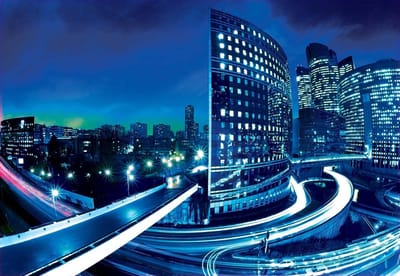 Fotobehang City Skyline Night | XL - 208cm x 146cm | 130g/m2 Vlies