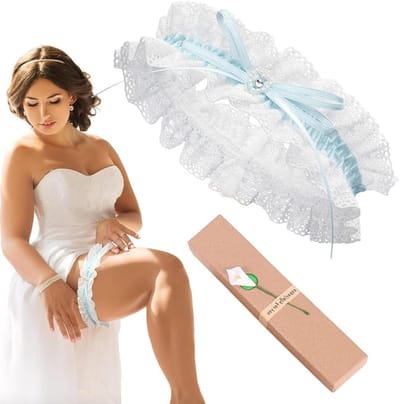 Bruidskousenband - Bruiloft accessoire - Bruiloft decoratie - Delicaat kant design - 33 cm omtrek - Hemelsblauw