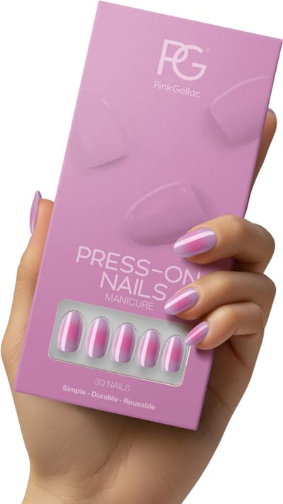 Pink Gellac Press On Nails - 2005 Aura Allure - Round Medium Plaknagels - 30 Press On Nagels Met Lijm, 30 Plakstickers, Cleaner Wipe, Nagelvijl, Woodstick en Size Matcher - Snel Aan Te Brengen Plak Nagels - Voor 7-14 Dagen Mooie Nagels