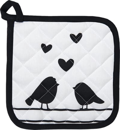 Clayre & Eef Pannenlap 20x20 cm Wit Zwart Katoen Harten Vogels