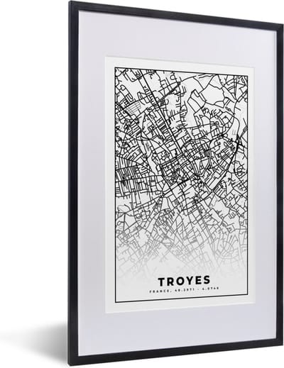 Fotolijst incl. Poster Zwart Wit- Stadskaart - Plattegrond - Troyes - Kaart - Frankrijk - Zwart wit - 40x60 cm - Posterlijst