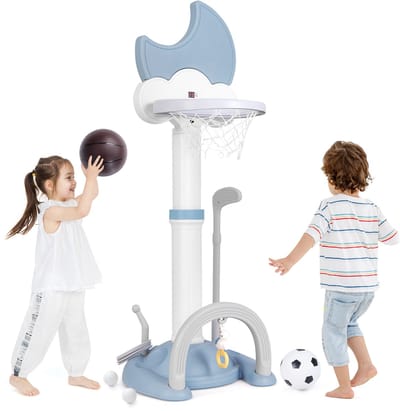 COSTWAY 4-in-1 basketbalkorf voor kinderen, in hoogte verstelbaar, met basketbal, voetbal en ringworp, kinderspeelplaats met displaybord, mandinstallatie voor kinderen vanaf 3 jaar (blauw)