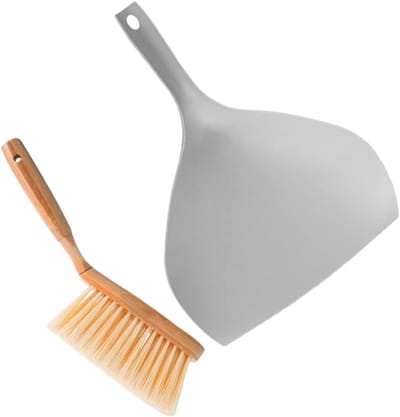 Kleine Veegborstel Stofpan - Handveger Blik - Desktop Schoonmaken - Ergonomische Handgreep - 33x17cm - Grijs