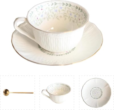 Theekop en schotel - Espresso set - Geniet van thee - Vintage bloemen design - 190 ml - Lichtblauw