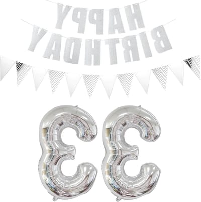 Zilveren 33 Jaar Ballonnen met Happy Birthday Girlande en Banner - Feestdecoratie voor Verjaardag van Mannen en Vrouwen, 33e Verjaardag Versiering