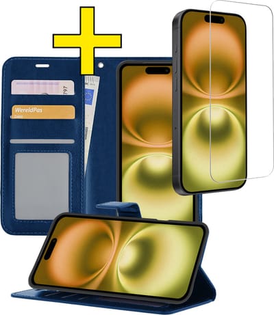 Hoesje - Met Screenprotector - Geschikt voor Apple iPhone 16 - Luxe Pasjeshouder - Bookcase Portemonee - Flip Case - Kunstleer Book Case - Flipcase - Book Cover - Walletcase - Portemonneehoes - Telefoonhoesjes - Donkerblauw