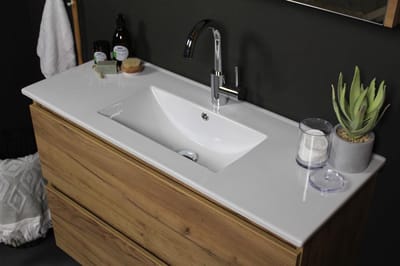 Basic Start 39 badmeubelset met greeploze wastafelonderkast met 2 lades en porseleinen wastafel met 1 kraangat 100 x 39 cm, whisky oak