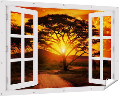 Gards Tuinposter Doorkijk Zonsondergang Achter een Savanne Boom - 180x120 cm - Tuindoek - Tuindecoratie - Wanddecoratie buiten - Tuinschilderij
