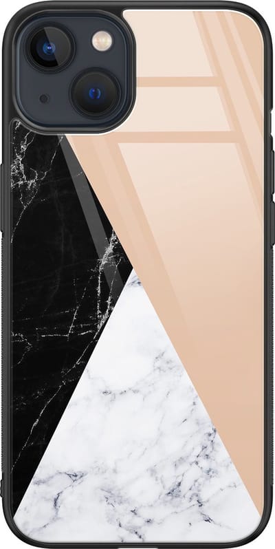 Hoesje geschikt voor iPhone 13 - Marmer zwart bruin - Luxe Glazen Hardcase - Marmer - Zwart, Bruin - Leuke Telefoonhoesjes