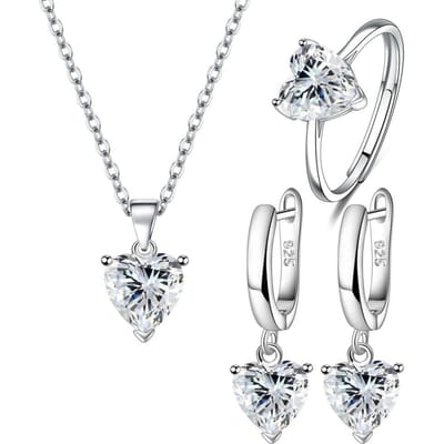 925 Sterling Zilveren Sieradensets Voor Vrouwen Hart Zirkonia Ring Oorbellen Ketting Bruiloft Bruids Elegant Kerstmis Gratis Verzending white