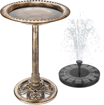 Vogelbad met 2,5 W fontein op zonne-energie, voederplaats, decoratie, drinkbak voor vogels, decoratie voor tuin, balkon, terras, bronskleurig, kunststof