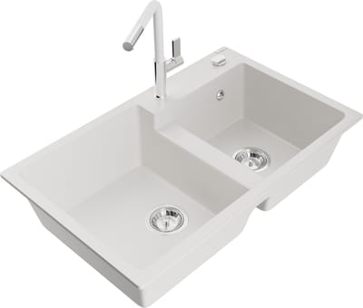 Mexen Tomas granieten gootsteen met 2 kamers en keukenmengkraan Flora, wit - 6516-20-670401-02