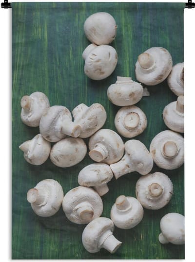 Wandkleed - Wanddoek - Verse champignons op een groene achtergrond - 60x90 cm - Wandtapijt