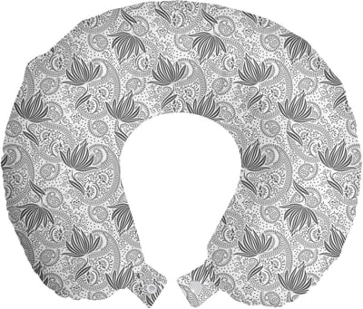ABAKUHAUS Bloemenprint Reiskussen met Neksteun, Paisleyprint in Neutrale Tinten, Schuimrubber Reisartikel voor Vliegtuig en Auto, Grijs en Wit