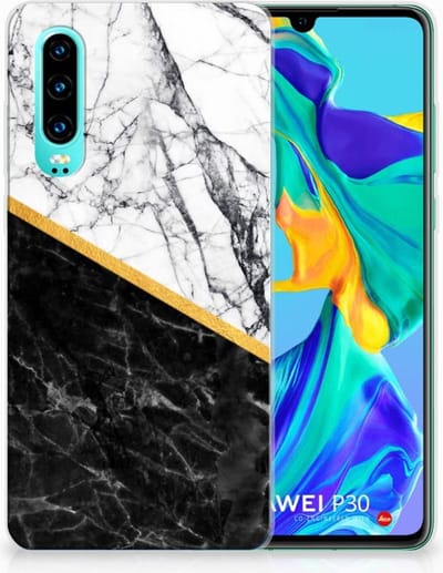 Huawei P30 TPU Siliconen Hoesje Marmer Wit Zwart - Origineel Cadeau Man