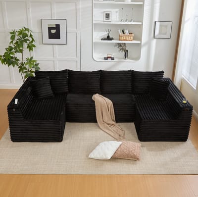 STILVORA U-Bank 320 x 155 cm - Modulaire Hoekbank Met Bekerhouders En Zijvak - Voor Woonkamer En Lounge - Cord Zwart