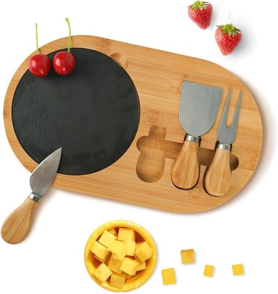 Famanu - Bamboe kaasplank met leisteenplaat en 3 messen, serveerplank met luxe uitstraling – Natuur