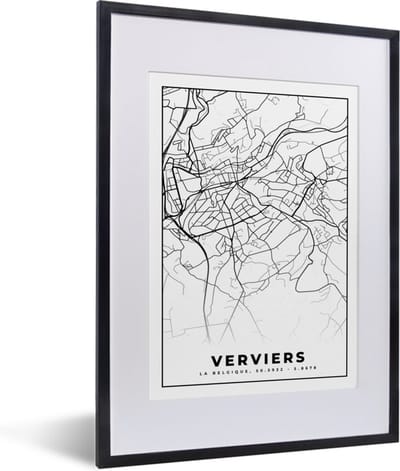 Fotolijst incl. Poster Zwart Wit- België – Verviers – Stadskaart – Kaart – Zwart Wit – Plattegrond - 30x40 cm - Posterlijst