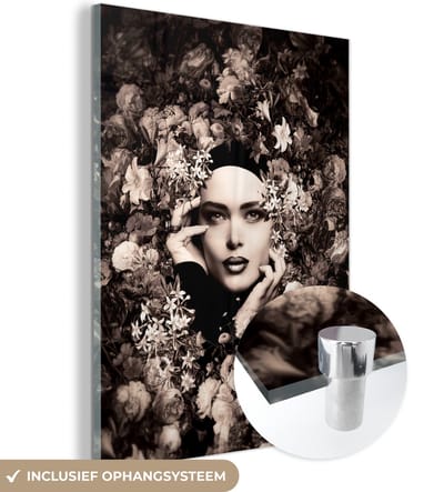 MuchoWow® Glasschilderij 30x40 cm - Schilderij acrylglas - Vrouw - Bloemen - Botanisch - Natuur - Foto op glas - Schilderijen