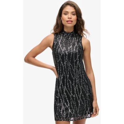 Superdry Mouwloze Mini-jurk met Lovertjes en A-lijn Zwart Grootte: 38