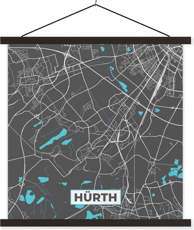 Posterhanger incl. Poster 60x60 cm - Schoolplaat - Kaart – Plattegrond – Stadskaart – Hürth – Duitsland – Blauw - Textielposter - Zwarte latten - Stadskaart