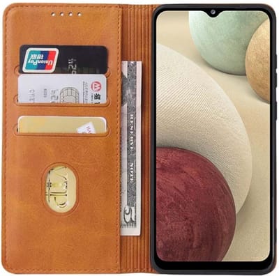 Smartphonica Samsung Galaxy A12 leren hoesje met magnetische sluiting en pashouders – Bruin geschikt voor Samsung Galaxy A12