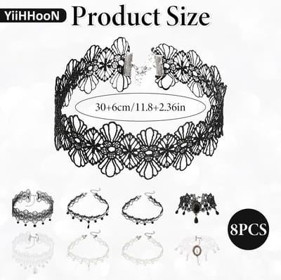 Gothic Kraagset van 8 Stuks met Zwart en Wit Kant, Perfect voor Feestjes, Cosplay en Halloween