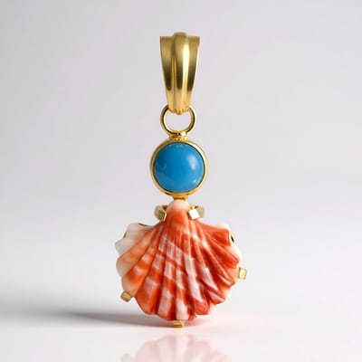 Cavill - Zilveren hanger - 925 Sterling zilver verguld - Oranje stekelige oester 6,2 ct & turkoois cabochon 0,7 ct - Elegant exotisch design